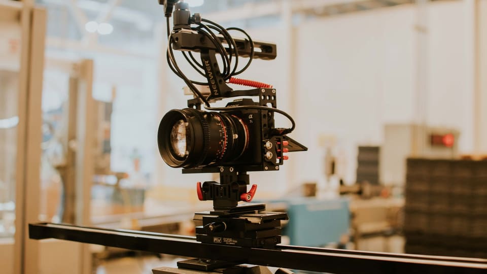 A high-end camera rig set up in a modern studio environment.